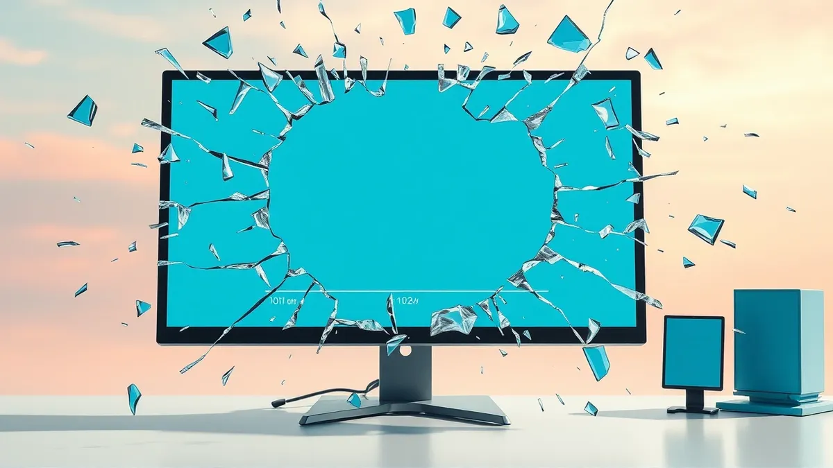 Illustration: A cracked glass pane shatters outward from a desktop monitor displaying abstract blue video playback controls.