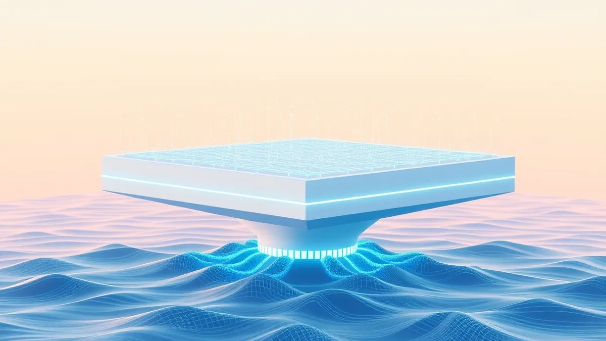 Illustration: A sleek white platform floats above a digital ocean, its surface covered in glowing geometric grid lines that pulse with energy.