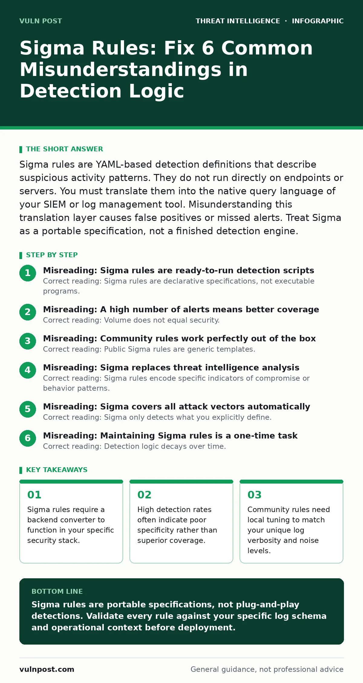 Infographic: Sigma Rules: Fix 6 Common Misunderstandings in Detection Logic. Sigma rules require a backend converter to function in your specific security stack. High detection rates often indicate poor specificity rather than superior coverage. Community rules need local tuning to match your unique