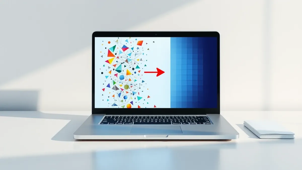 Illustration: A sleek silver laptop sits on a clean white desk with its screen displaying a tangled web of colorful abstract geometric shapes.