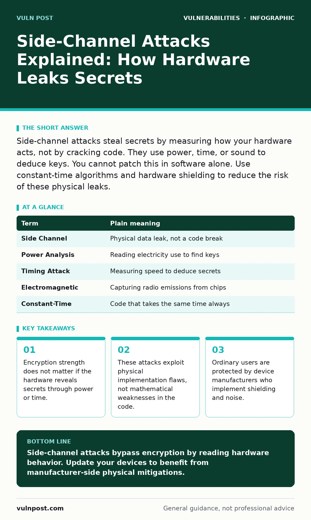 Infographic: Side-Channel Attacks Explained: How Hardware Leaks Secrets. Encryption strength does not matter if the hardware reveals secrets through power or time. These attacks exploit physical implementation flaws, not mathematical weaknesses in the code. Ordinary users are protected by device man