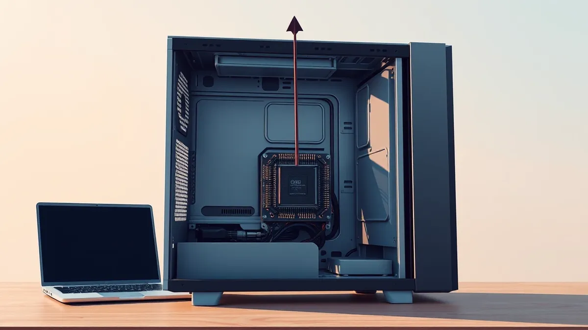 Illustration: A sleek silver computer tower sits on a wooden desk with its side panel removed, exposing the internal circuitry.
