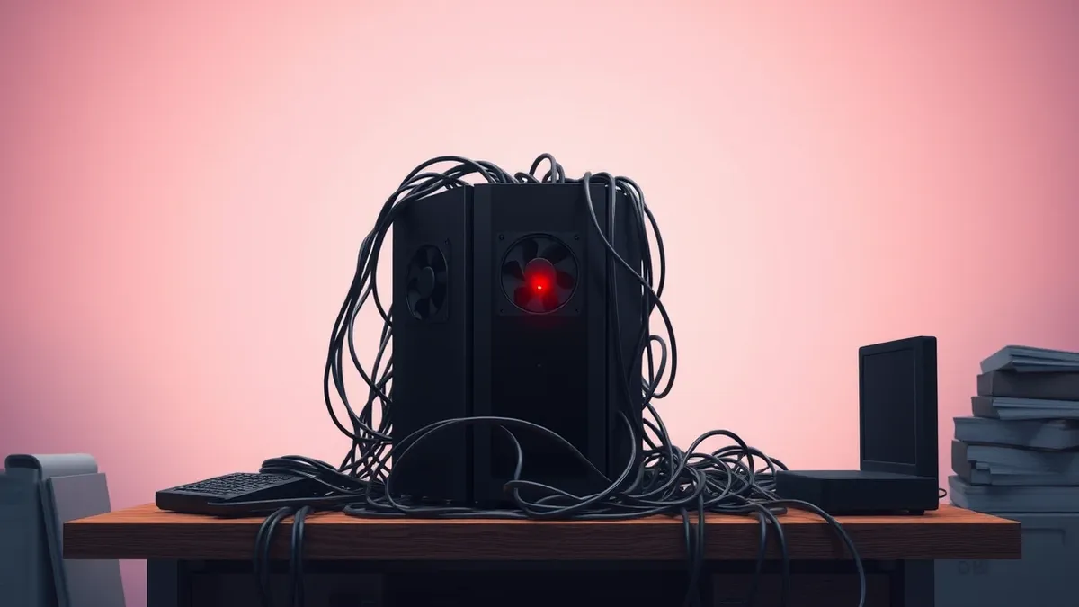 Illustration: A sleek black media server box sits on a cluttered wooden desk, its cooling fans spinning rapidly while thick, tangled power cables snake across the surface.