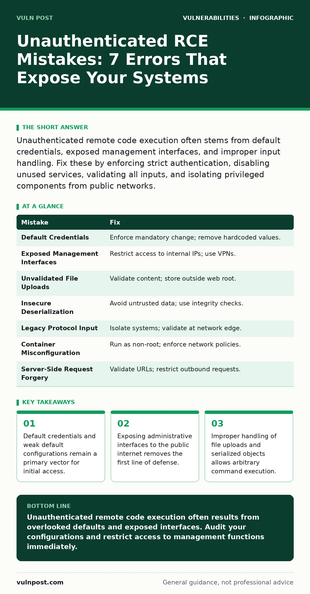 Infographic: Unauthenticated RCE Mistakes: 7 Errors That Expose Your Systems. Default credentials and weak default configurations remain a primary vector for initial access. Exposing administrative interfaces to the public internet removes the first line of defense. Improper handling of file uploads