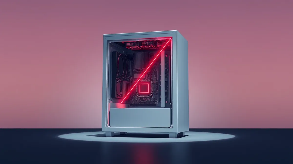 Illustration: A white server tower sits in a dimly lit room, its front panel exposed to reveal bare circuit boards.