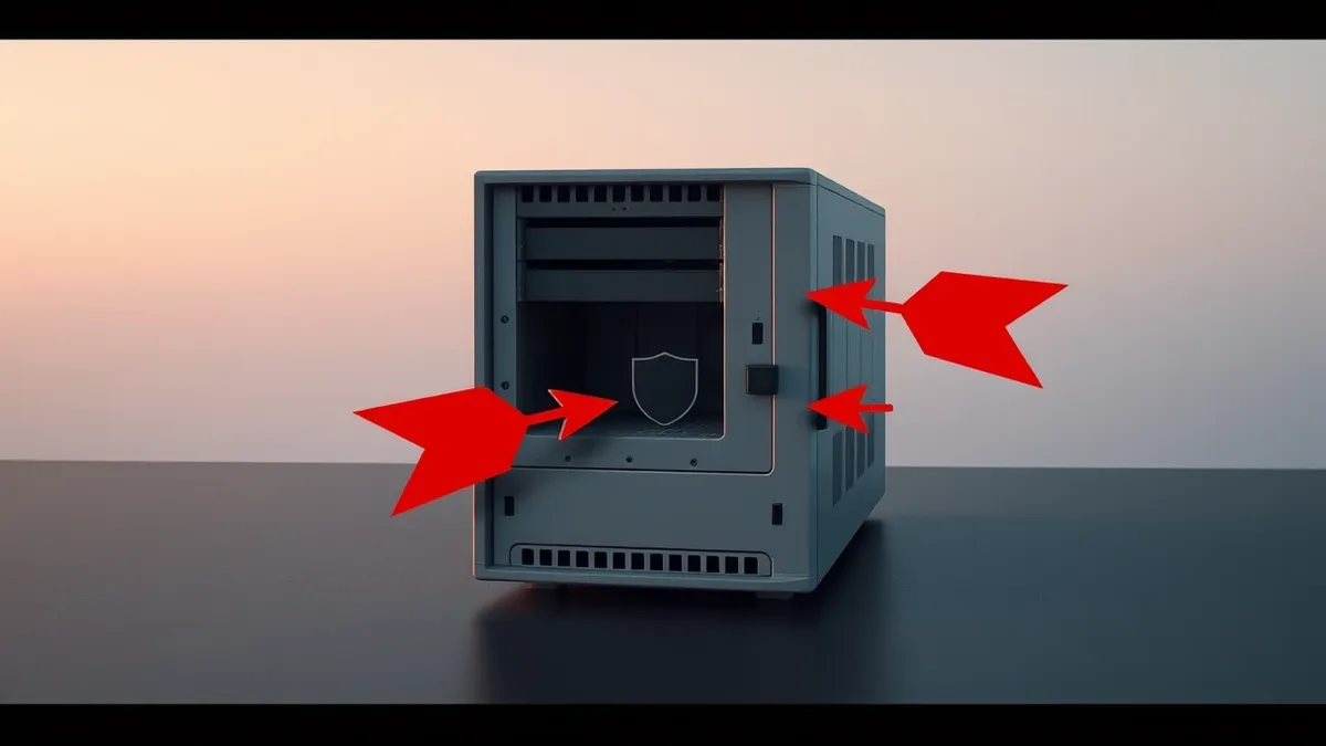 Illustration: A gray network security appliance sits alone on a dark surface.
