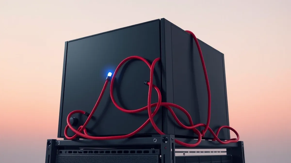 Illustration: A sleek black server unit sits on a metal rack with a single blue status light glowing steadily.